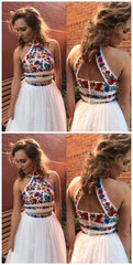 White Satin Embroidery High Neck Open Back Homecoming Dresses cg145