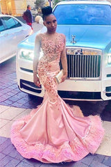 Black Girl Prom Dress Sheer Tulle Pink Mermaid Prom Dresses with Feather | Crystals Appliques Sexy Evening Gowns with Sleeves   cg14652