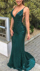 Mermaid Deep V Neck Sweep Train Green Prom Dress With Sequins  cg1465