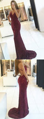 Mermaid Spaghetti Straps Backless Burgundy Lace Prom Dress with Sequins   cg14769