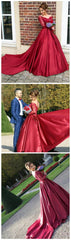 CHIC A-LINE SCOOP LONG SLEEVE LACE PROM DRESS BURGUNDY SATIN FORMAL DRESS EVENING GOWNS   cg14865