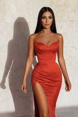 Red Mermaid Bridesmaid Dresses Satin Strapless Leg Split Evening Gowns Prom Dresses    cg14908