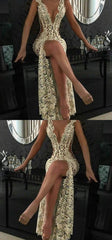 Custom Charming Gold Beading Lace Prom Dress,Sexy Deep V-Neck Evening Dress  cg1568