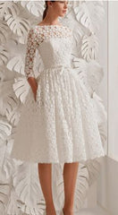 white prom dress , 3/4 sleeves lace prom dress , short prom dress , o neck evening gown , knee length prom dress , aline short party dress cg1589