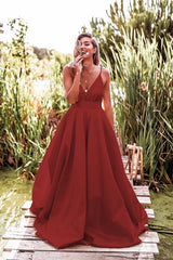 Spaghetti Straps V-Neck Red Long Prom Dress cg1594