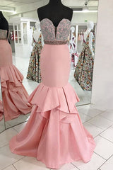 Pink Satin Sweetheart Neck Long Mermaid Prom Dress With Lace Applique   cg16113