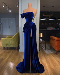 One Shoulder Royal Blue Velvet Evening prom Dress with Slit    cg16533