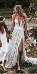 A-line V Neck Lace Prom Dress With Split   cg16889