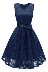 short navy blue lace dress with sash Homecoming Dresses    cg17325