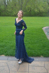 Navy Blue V-Neck Prom Dresses,Mermaid Applique Lace Prom Dresses,Long Sleeves Evening Dresses   cg17451