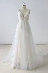 Simple White Lace V Neck Long Halter Prom Dresses, Long Wedding Dress cg1754