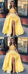 2 Pieces High Low Yellow Lace Prom Dresses, 2 Pieces Yellow Lace Formal Graduation Evening Dresses cg1786