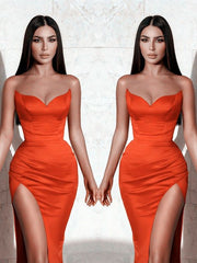 Long Sexy Strapless Mermaid Orange Satin Prom Evening Gown With Side Split    cg18408