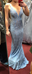 Blue Lace Prom Dress, Mermaid Long Prom Dress, Gorgeous Blue Lace Mermaid Long Evening Dress   cg18524
