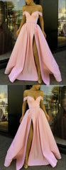 Sexy long pink satin off the shoulder prom dresses side split evening gown   cg18551