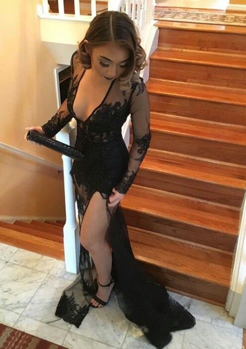 Charming Prom Dress,Long Sleeve Prom Dresses,Sexy Prom Dress with Side Slit,Lace Evening Dress   cg18921