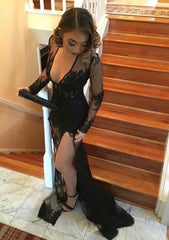 Charming Prom Dress,Long Sleeve Prom Dresses,Sexy Prom Dress with Side Slit,Lace Evening Dress   cg18921