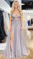 Spaghetti Straps Sexy V Neck Prom Dresses Beaded Long Formal Dress    cg18963