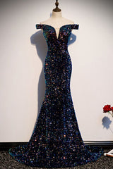 mermaid navy blue sequins evening dress with off the shoulder top prom dress formal dress    cg19570