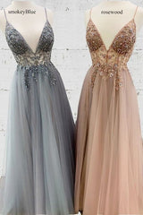 spaghetti strap smokey blue prom dresses long beaded elegant v neck tulle sexy prom gown    cg19883