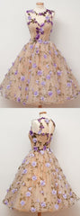 A-Line Jewel Tea-Length Open Back Champagne Tulle Homecoming Dress with Appliques Flowers    cg19918