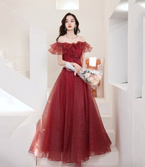 BURGUNDY TULLE LONG A LINE PROM DRESS EVENING DRESS    cg20986