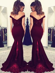 Charming Burgundy Off Shoulder Elastic Satin Long Mermaid Lace Prom Dresses    cg21390