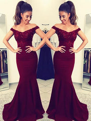 Charming Burgundy Off Shoulder Elastic Satin Long Mermaid Lace Prom Dresses    cg21390