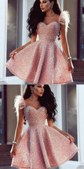 Sweetheart Pink Beaded Short homecoming Dress with Feathers, Cutest Pink Dresses for Homecoming  cg214