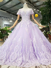 Purple Tulle Appliques Short Sleeve prom Wedding Dress With Beading cg2147