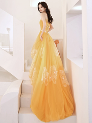 Yellow Unique High Low Tulle with Lace Prom Dress, Yellow Formal Dress Evening Dress   cg21619