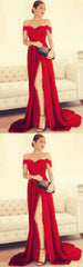 Sexy Leg Slit Long Satin Sweetheart Prom Dresses Lace Off The Shoulder Evening Gowns     cg21846