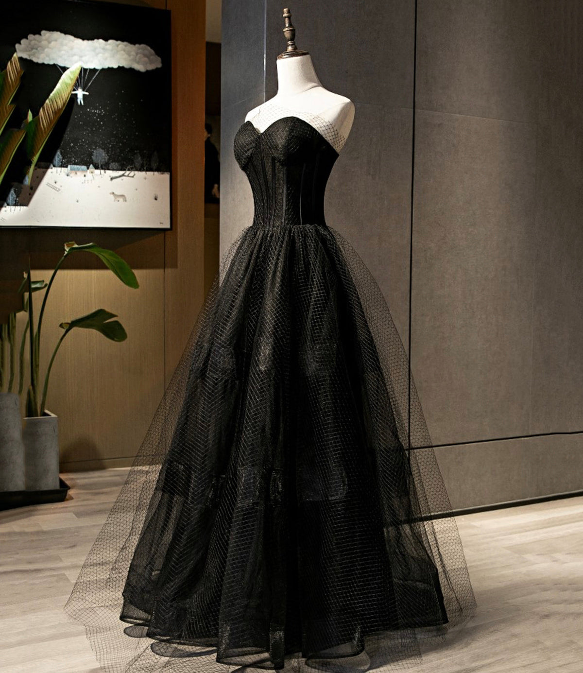 BLACK TULLE LONG A LINE PROM DRESS BLACK EVENING DRESS    cg21953
