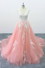 Peach Pink Tulle Cathedral Train Lace Wedding Dress, Formal Halter Prom Dress cg2222