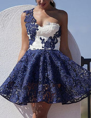 blue lace Short Homecoming Dress     cg22250