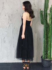Simple V Neck Open Back Black Tea Length Prom Evening Dresses    cg22661