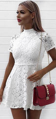 A-Line High Neck Short Sleeves Lace Homecoming Dresses       cg22867