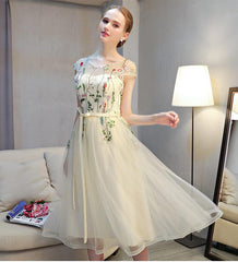 Lovely Light Champagne Cap Sleeves Floral Tea Length Party Dress, Cute Wedding Party Dresses Homecoming Dress     cg23033