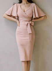 Women's Wrap Dress Knee Length Dress Blushing Pink Short Sleeve Dusty Rose Prom Dresses        cg23049