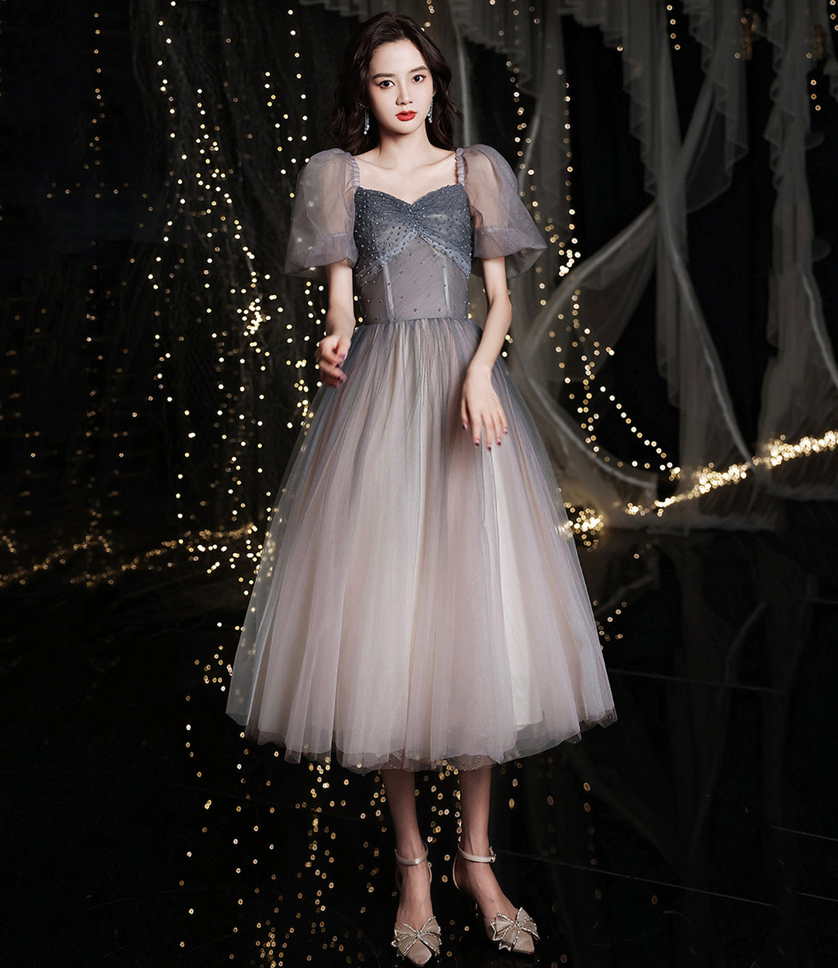 GRAY TULLE SHORT A LINE DRESS HOMECOMING DRESS    cg23355
