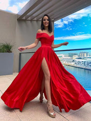Red A-Line Sleeveless Off-the-Shoulder Satin Ruffles Sweep Train prom dress     cg23477