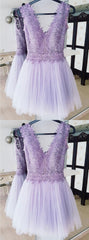 A-Line Deep V-Neck Backless Lilac Short Homecoming Dress With Lace     cg23542