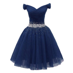 Navy Beaded Sweetheart Off Shoulder Tulle Homecoming Dress    cg23552