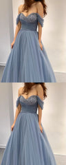 Dusty blue princess prom dresses tulle sweetheart corset off the shouldef for women        cg24016