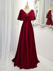 Dark Red Satin A-line Floor Length Evening Prom Dress, Wine Red Wedding Party Dresses       cg24707