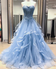 Chic Prom Dresses Sweetheart Sky Blue Ruffles Aline Lace Prom Dress  cg2673