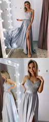 V Neck Gray Long Lace Prom Dresses, Long Lace Formal Graduation Evening Dresses cg3318