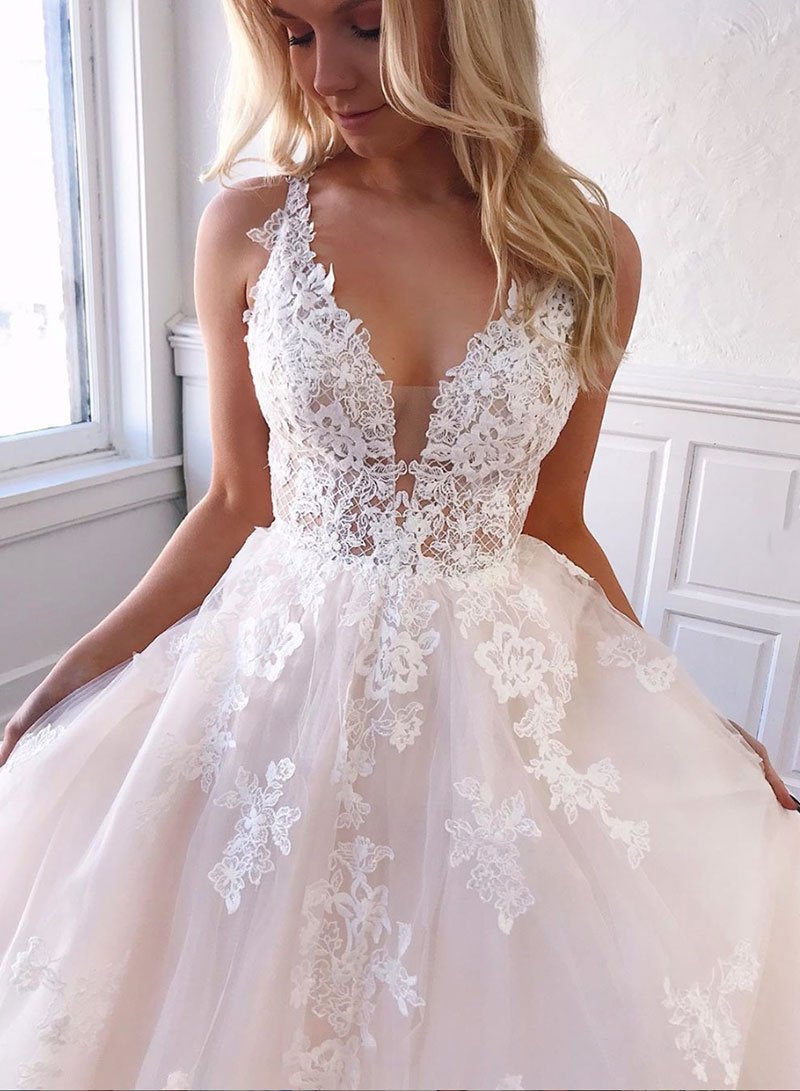 Custom made v neck tulle lace long prom dress, wedding dress cg3346