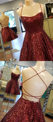 A Line Criss Cross Straps Back Burgundy Sequins Homecoming Dress cg3502