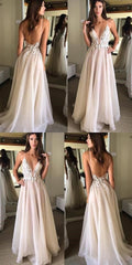 Deep V-neck Spaghetti Straps Lace Appliqued Beach Wedding Dress,Sexy Prom Dresses cg399